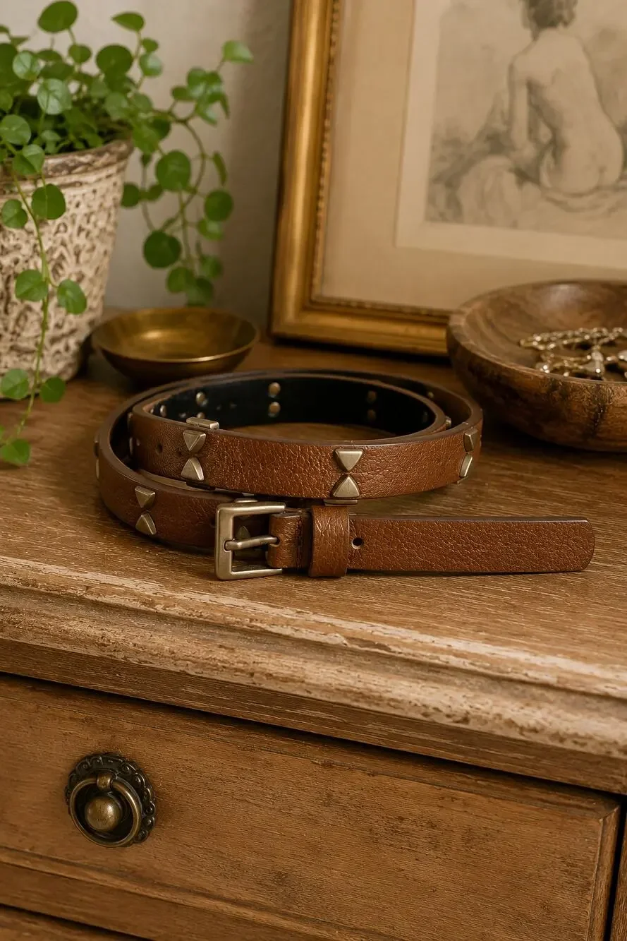 AllSaints Camel Studded Leather Belt Pebbled Thin Minimalist Moto Rocker